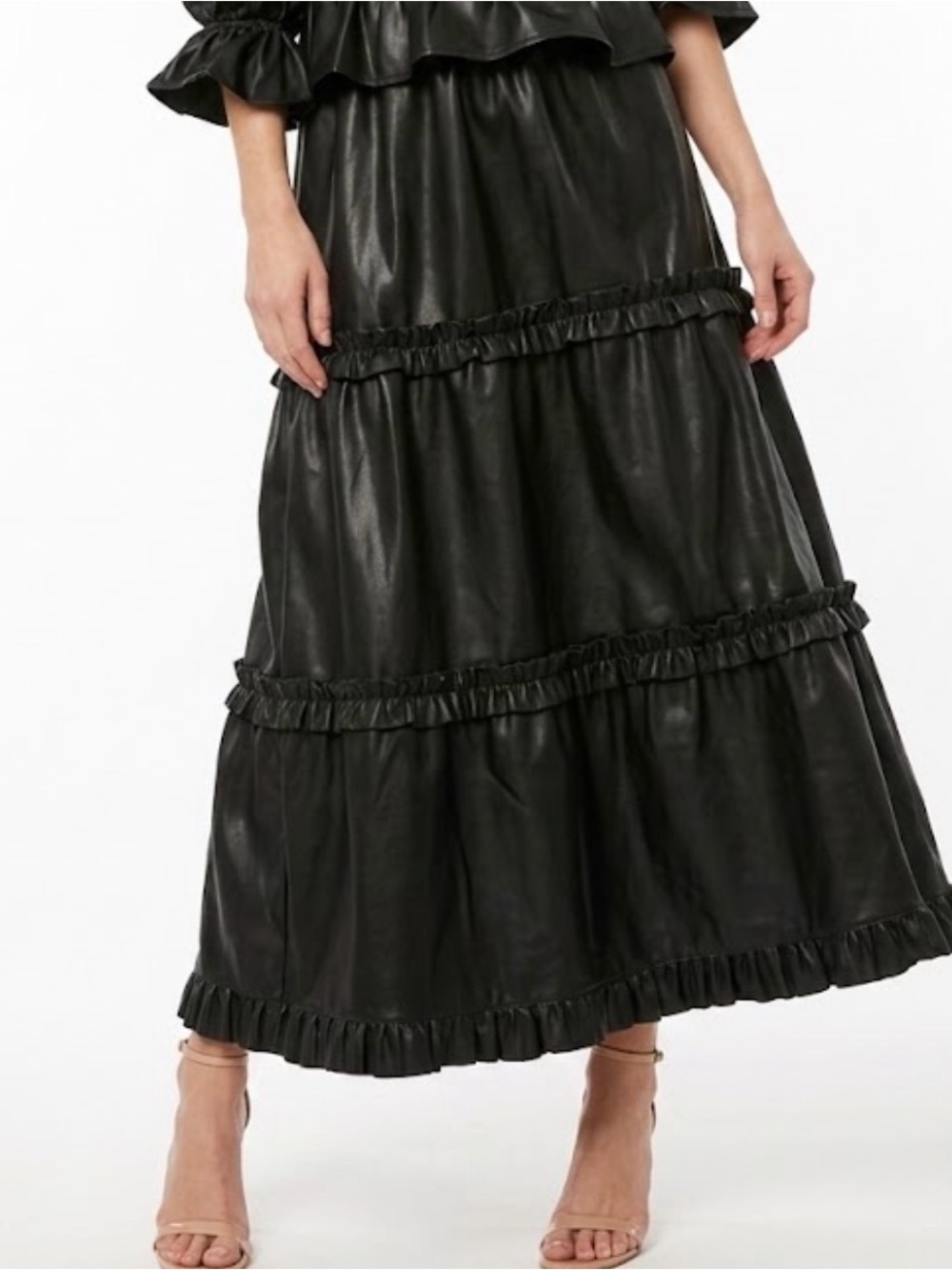 MISA Los Angeles KELIS SKIRT Obsidian Vegan Leather Tiered Maxi Skirt